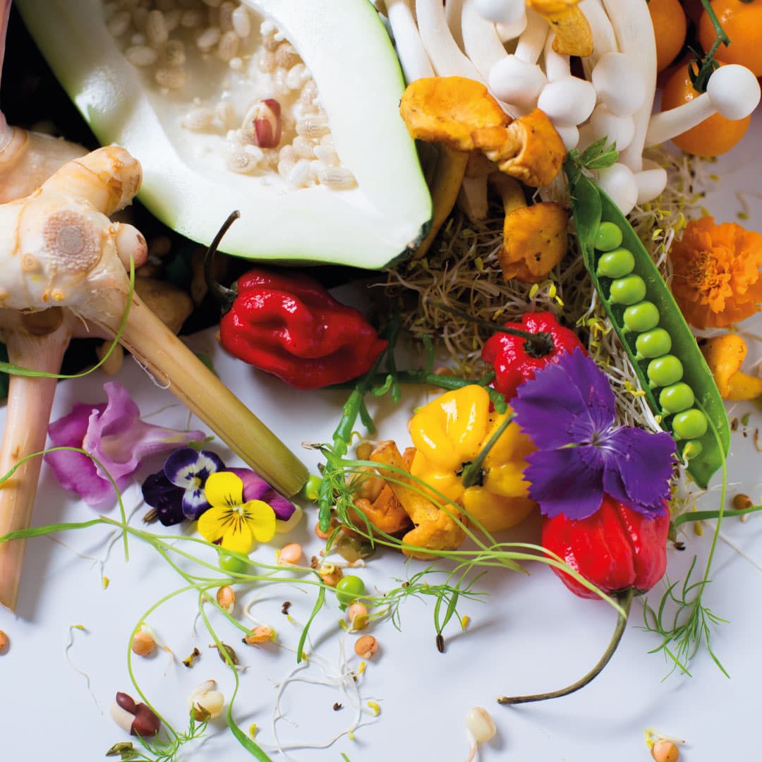 Colourful array of exotic fruit, vegetables, mushrooms, chillies and edible flowers