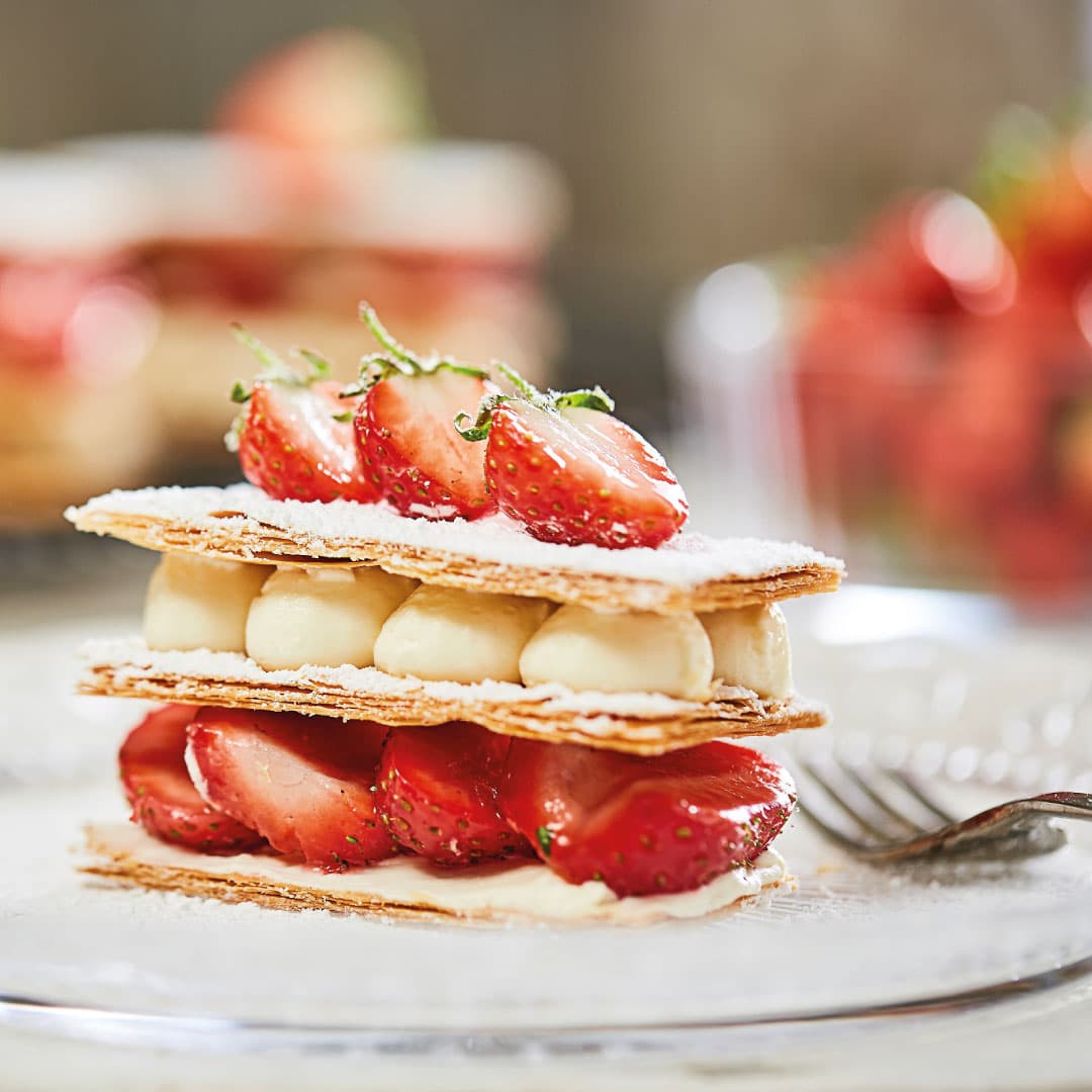 Strawberry mille-feuille layered with pastry cream and fresh strawberries