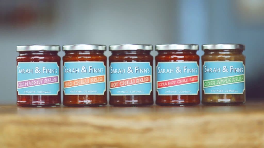 Five jars of Sarah & Finn's relishes in a row