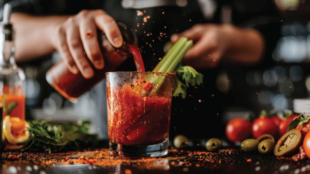 Bloody Mary being poured into a glass with celery