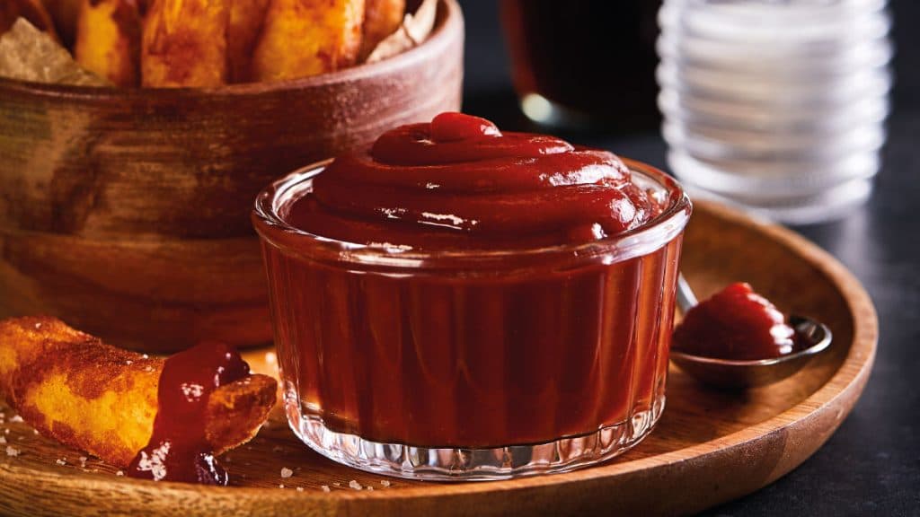 Bowl of ketchup beside sweet potato wedges