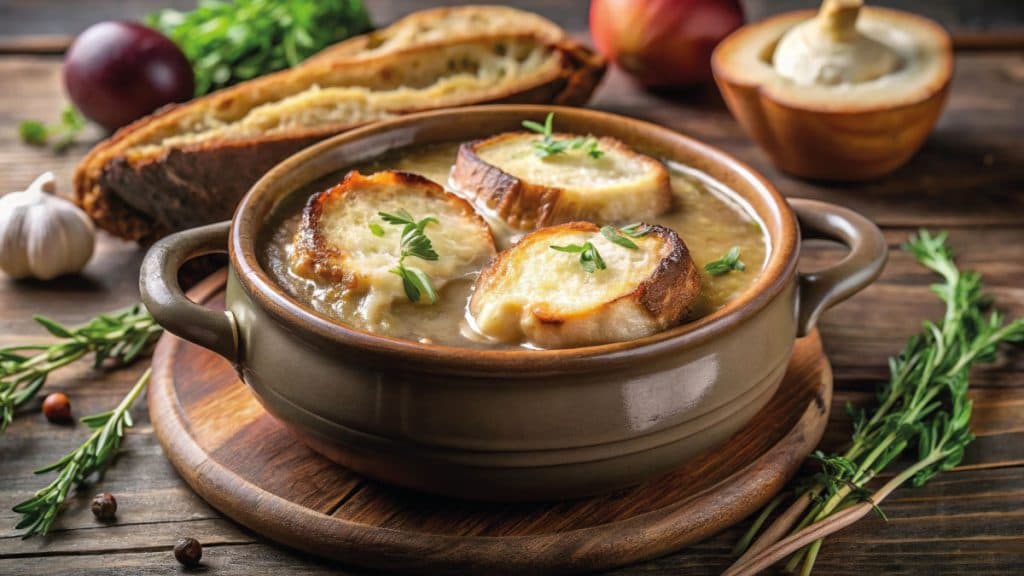 French onion soup topped with cheese toasts