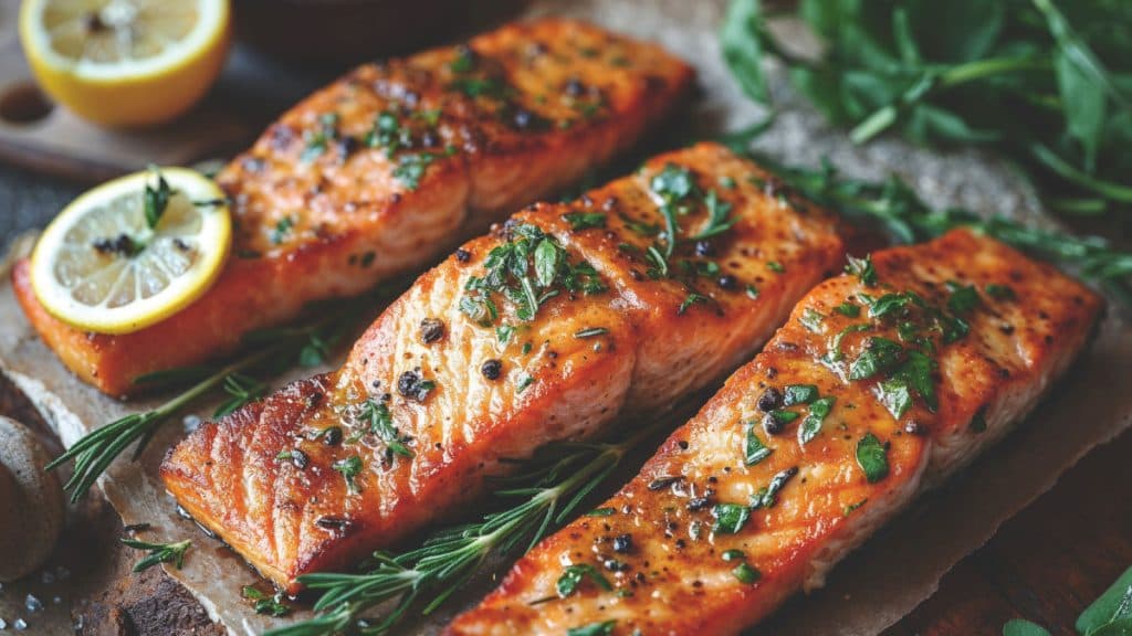 Roasted salmon fillets with herbs and lemon