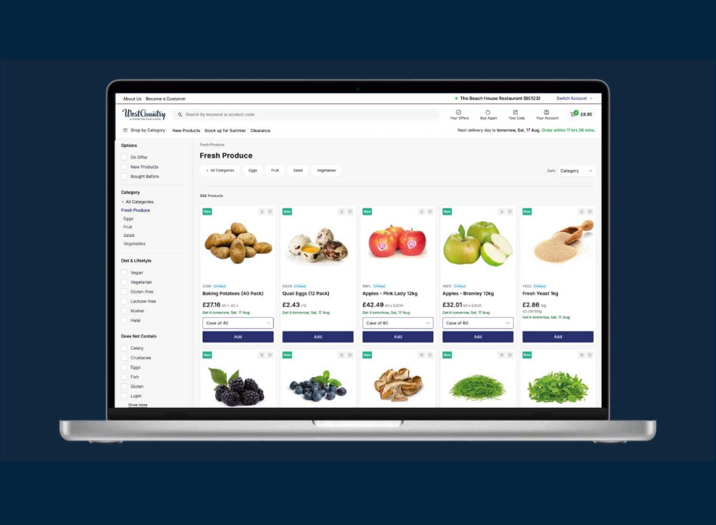 Laptop showing the WestCountry online ordering site's fresh produce range