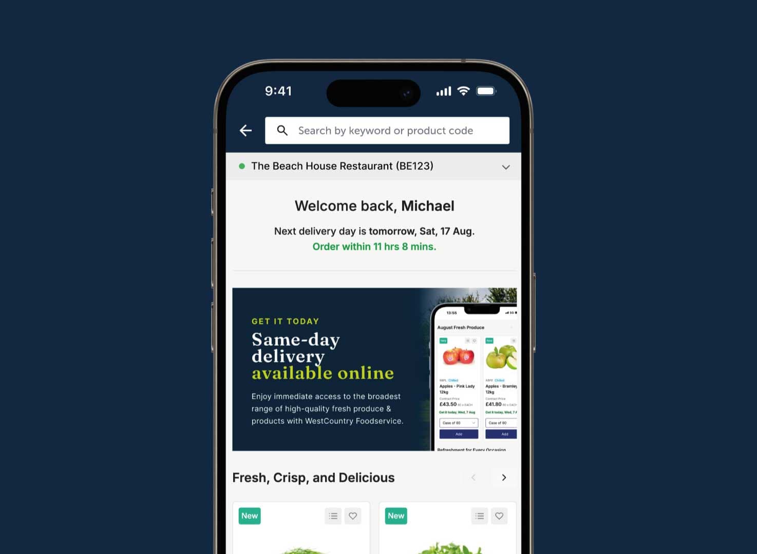 WestCountry ordering app on a phone showing next delivery day and same-day delivery