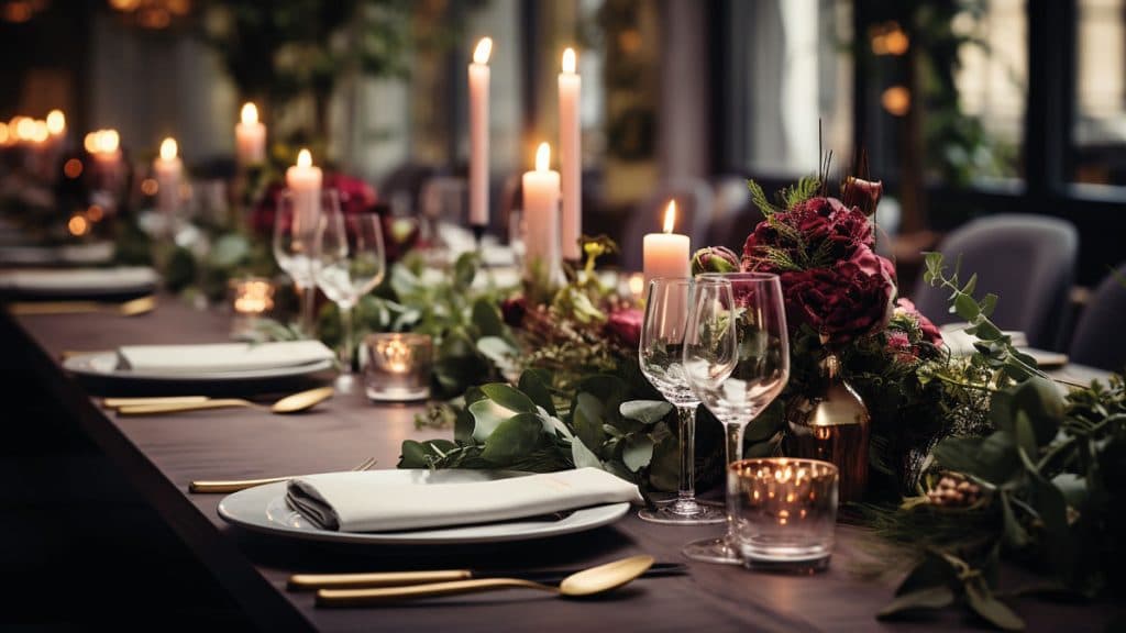 Christmas dinner table set with candles, glasses and festive greenery