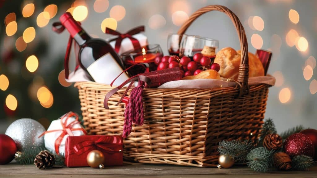 Christmas hamper basket with wine, crackers and baubles