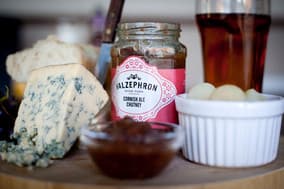 Blue cheese with a jar of Cornish ale chutney and pickled onions