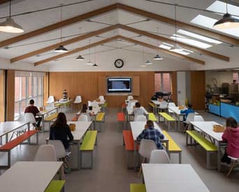 School dining hall with long tables and pupils eating