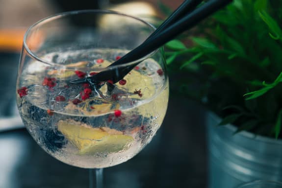 Gin and tonic with pink peppercorns and lemon in a balloon glass
