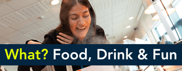 Smiling woman tasting food with banner reading What? Food, Drink & Fun