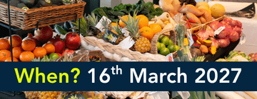 Fruit and vegetable display with banner reading When? 16th March 2027