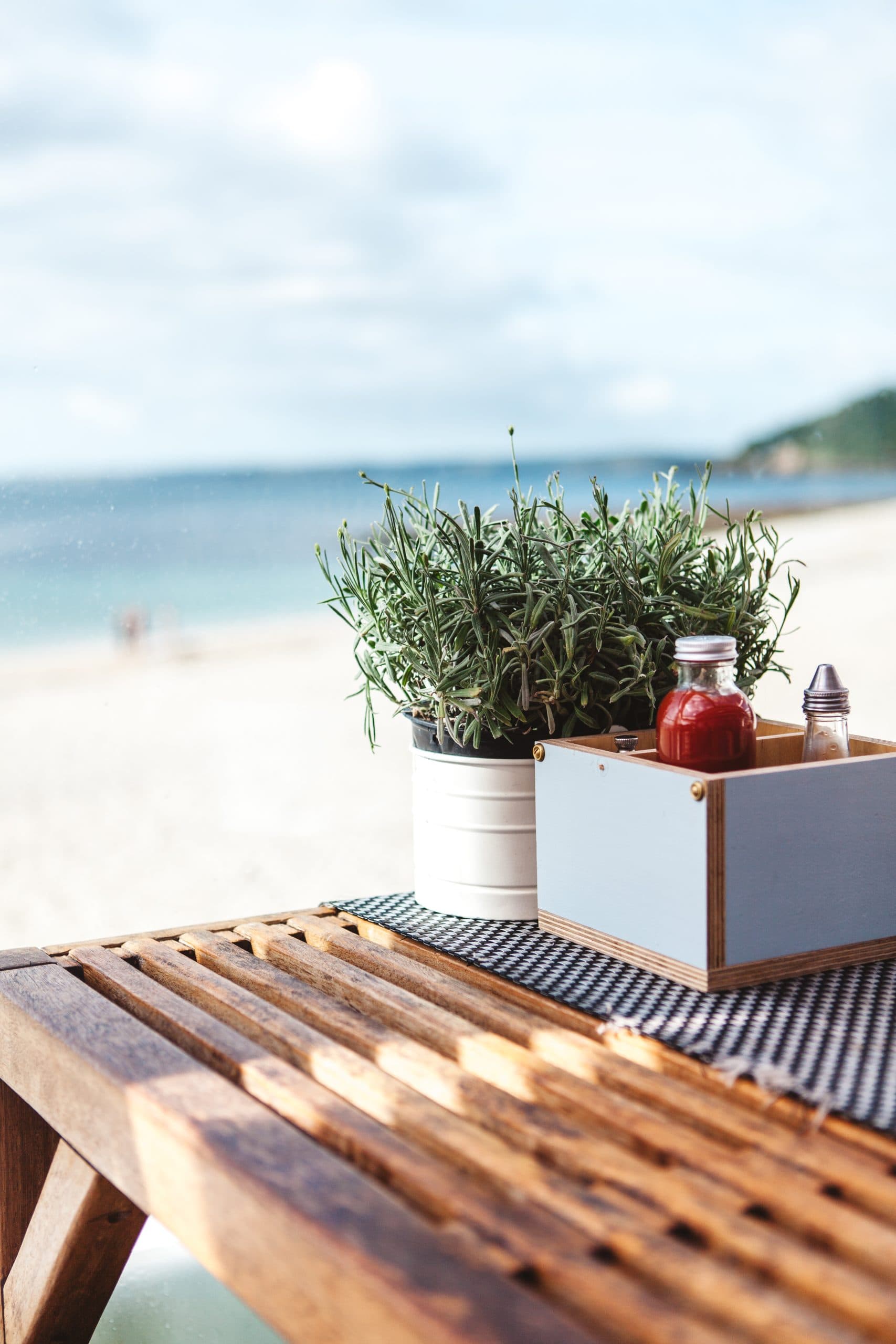 Café table with a potted herb and condiments overlooking a sandy beach