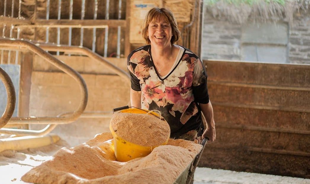 Smiling woman in a farm barn with a wheelbarrow of animal feed