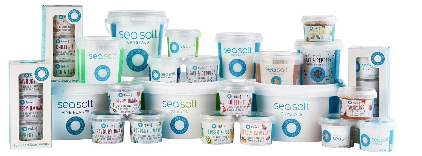 Range of Cornish sea salt tubs and seasoning pots