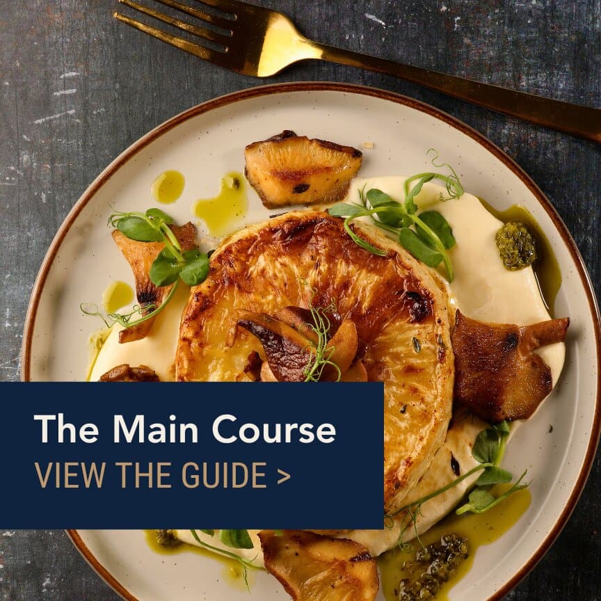 The main course guide: roasted cabbage steak with mushrooms on a plate