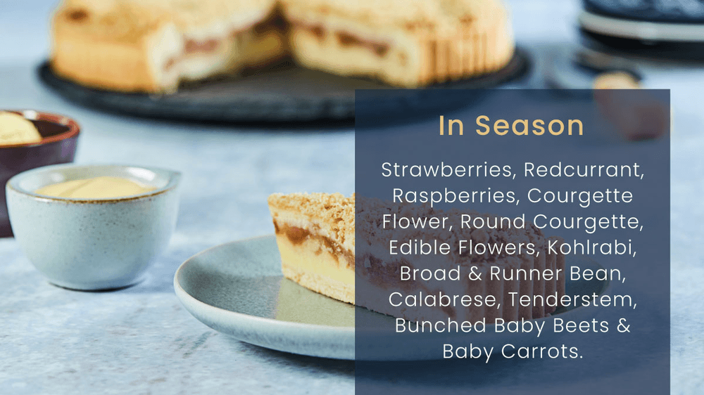 Fruit tart and custard beside a list of summer produce in season